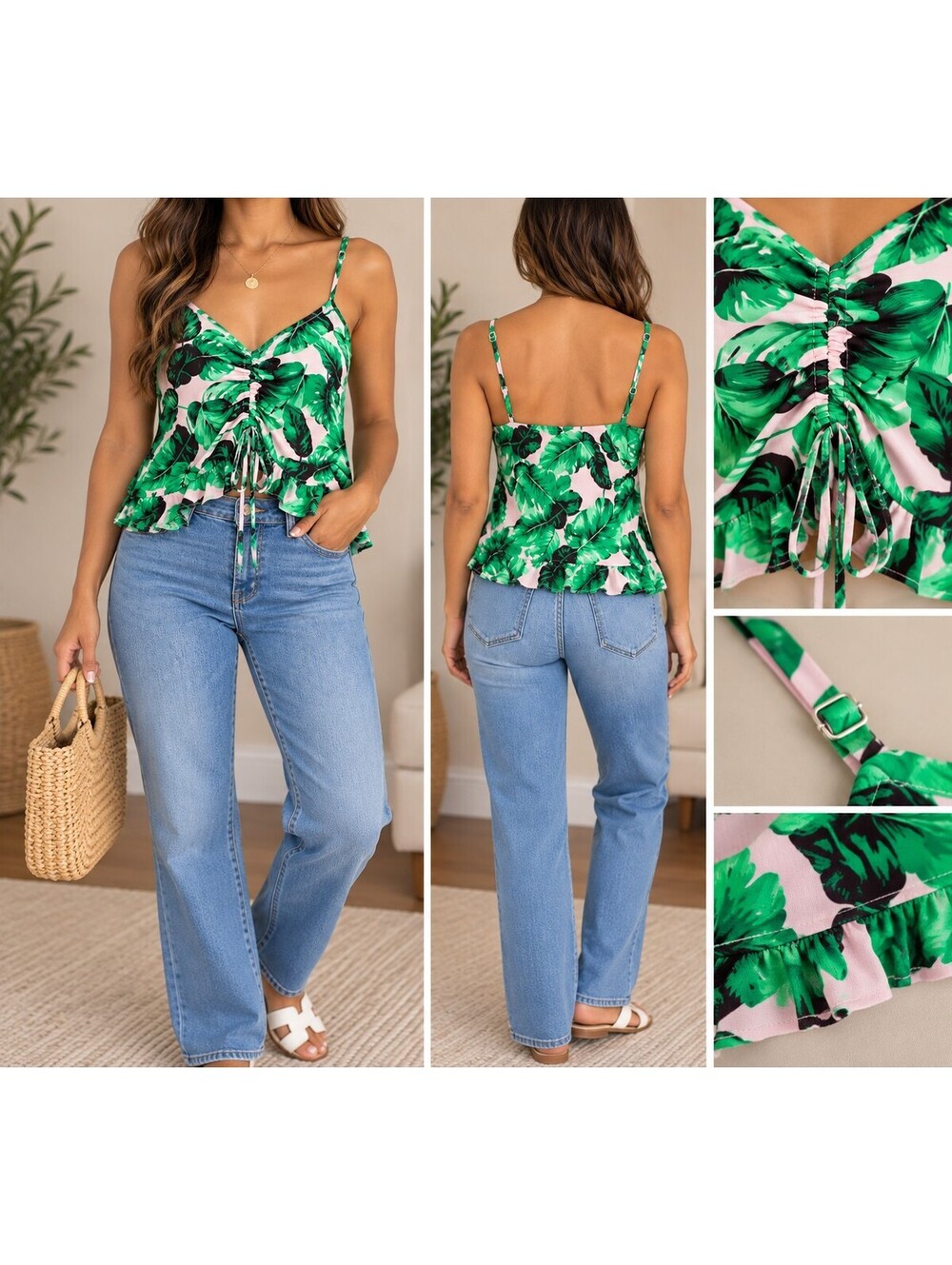 Scoop Tropical Print Ruched Cami Top Size Small NWT